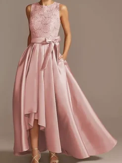 Robe de mariée pour mère de la mariée col bijou sans manches ligne a en dentelle longueur thé robes d'invitées de mariage personnalisation gratuite