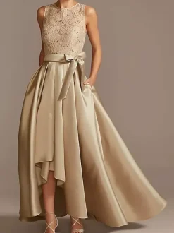 Robe de mariée pour mère de la mariée col bijou sans manches ligne a en dentelle longueur thé robes d'invitées de mariage personnalisation gratuite