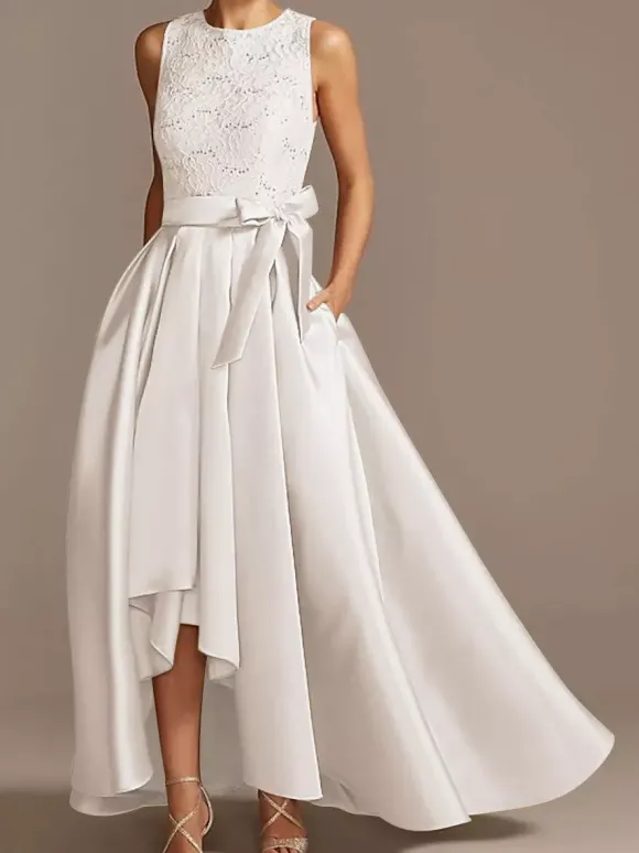 Robe de mariée pour mère de la mariée col bijou sans manches ligne a en dentelle longueur thé robes d'invitées de mariage personnalisation gratuite