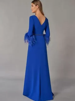 Robe de mariée pour mère de la mariée col en V manches 3/4 robe de bal plumes longueur au sol robes d'invitées pour mariage