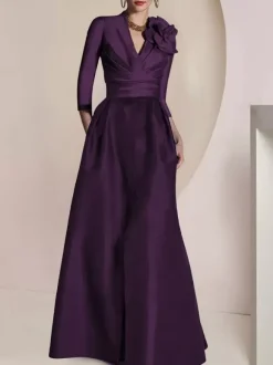 Robe de mariée pour mère de la mariée col en V manches 3/4 ligne A plissée longueur au sol robes d'invitées pour mariage