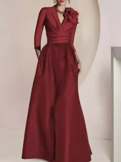 Robe de mariée pour mère de la mariée col en V manches 3/4 ligne A plissée longueur au sol robes d'invitées pour mariage
