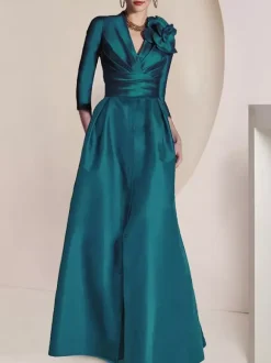 Robe de mariée pour mère de la mariée col en V manches 3/4 ligne A plissée longueur au sol robes d'invitées pour mariage