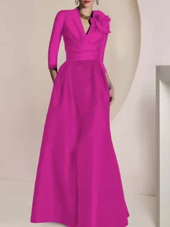 Robe de mariée pour mère de la mariée col en V manches 3/4 ligne A plissée longueur au sol robes d'invitées pour mariage