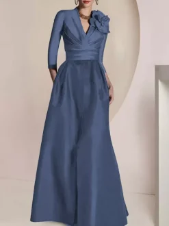 Robe de mariée pour mère de la mariée col en V manches 3/4 ligne A plissée longueur au sol robes d'invitées pour mariage