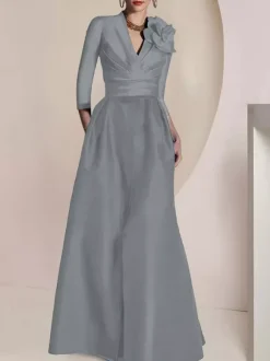 Robe de mariée pour mère de la mariée col en V manches 3/4 ligne A plissée longueur au sol robes d'invitées pour mariage