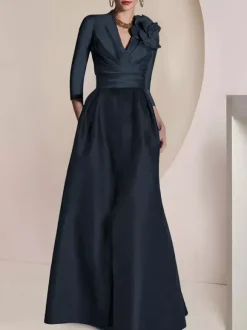 Robe de mariée pour mère de la mariée col en V manches 3/4 ligne A plissée longueur au sol robes d'invitées pour mariage