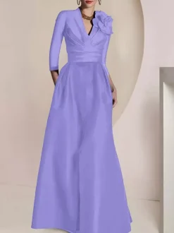 Robe de mariée pour mère de la mariée col en V manches 3/4 ligne A plissée longueur au sol robes d'invitées pour mariage