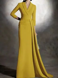 Robe de mariée pour mère de la mariée col en v manches 3/4 sirène plissée longueur au sol robes d'invitées pour mariage