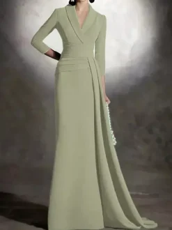 Robe de mariée pour mère de la mariée col en v manches 3/4 sirène plissée longueur au sol robes d'invitées pour mariage