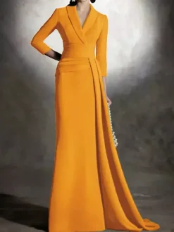 Robe de mariée pour mère de la mariée col en v manches 3/4 sirène plissée longueur au sol robes d'invitées pour mariage