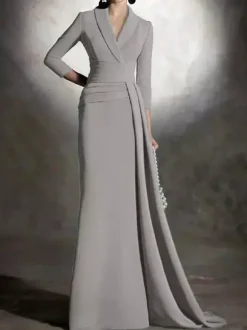 Robe de mariée pour mère de la mariée col en v manches 3/4 sirène plissée longueur au sol robes d'invitées pour mariage
