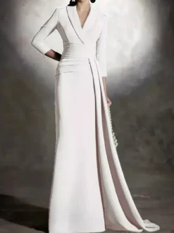 Robe de mariée pour mère de la mariée col en v manches 3/4 sirène plissée longueur au sol robes d'invitées pour mariage