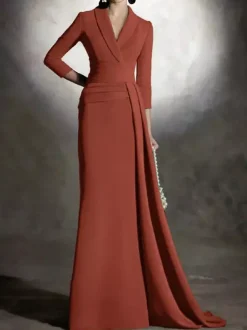 Robe de mariée pour mère de la mariée col en v manches 3/4 sirène plissée longueur au sol robes d'invitées pour mariage