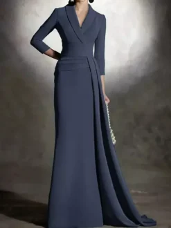 Robe de mariée pour mère de la mariée col en v manches 3/4 sirène plissée longueur au sol robes d'invitées pour mariage