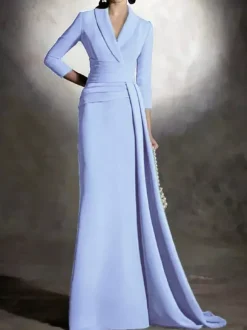 Robe de mariée pour mère de la mariée col en v manches 3/4 sirène plissée longueur au sol robes d'invitées pour mariage