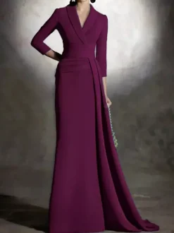 Robe de mariée pour mère de la mariée col en v manches 3/4 sirène plissée longueur au sol robes d'invitées pour mariage
