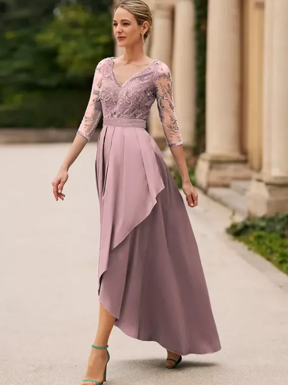 Robe de mariée pour mère de la mariée col en V manches 3/4 ligne a dentelle longueur cheville robes d'invitées de mariage