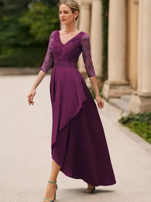 Robe de mariée pour mère de la mariée col en V manches 3/4 ligne a dentelle longueur cheville robes d'invitées de mariage