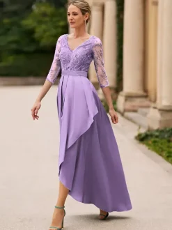 Robe de mariée pour mère de la mariée col en V manches 3/4 ligne a dentelle longueur cheville robes d'invitées de mariage