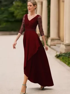 Robe de mariée pour mère de la mariée col en V manches 3/4 ligne a dentelle longueur cheville robes d'invitées de mariage