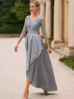 Robe de mariée pour mère de la mariée col en V manches 3/4 ligne a dentelle longueur cheville robes d'invitées de mariage