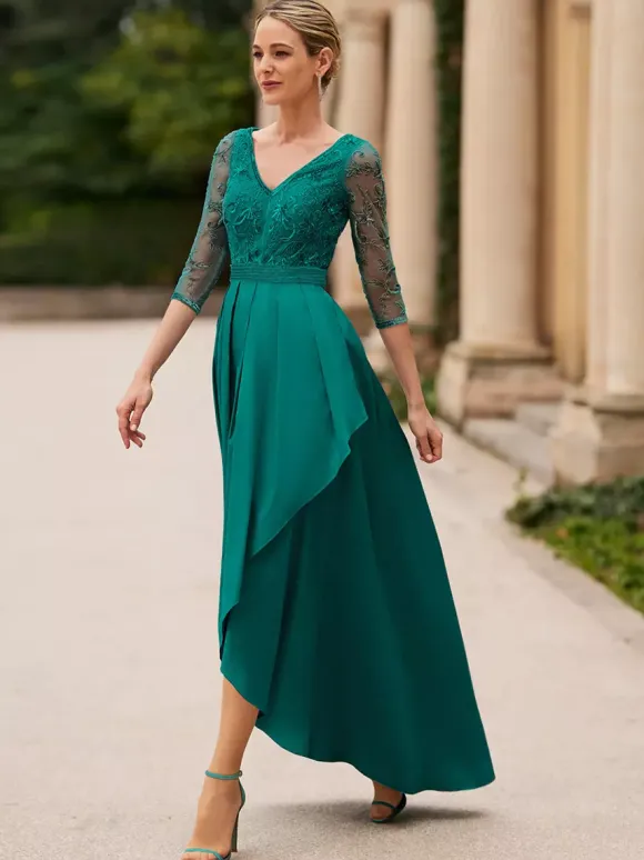 Robe de mariée pour mère de la mariée col en V manches 3/4 ligne a dentelle longueur cheville robes d'invitées de mariage