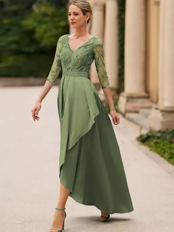 Robe de mariée pour mère de la mariée col en V manches 3/4 ligne a dentelle longueur cheville robes d'invitées de mariage