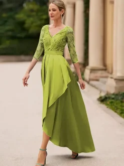 Robe de mariée pour mère de la mariée col en V manches 3/4 ligne a dentelle longueur cheville robes d'invitées de mariage