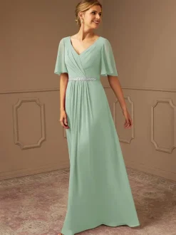 Robe de mariée pour mère de mariée col en v manches courtes ligne a ceinture longueur au sol robes d'invitées pour mariage