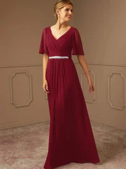 Robe de mariée pour mère de mariée col en v manches courtes ligne a ceinture longueur au sol robes d'invitées pour mariage