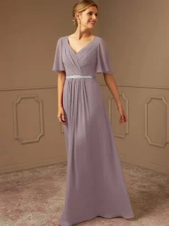 Robe de mariée pour mère de mariée col en v manches courtes ligne a ceinture longueur au sol robes d'invitées pour mariage