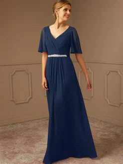 Robe de mariée pour mère de mariée col en v manches courtes ligne a ceinture longueur au sol robes d'invitées pour mariage