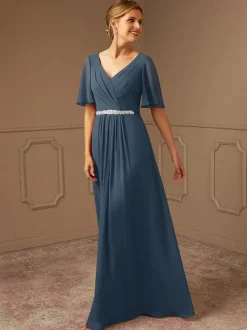 Robe de mariée pour mère de mariée col en v manches courtes ligne a ceinture longueur au sol robes d'invitées pour mariage