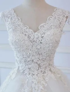 Robe de mariée princesse col V dos nu à laçage en dentelle jupe en tulle traîne rond Robe de mariée