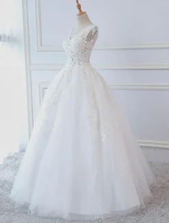 Robe de mariée princesse col V dos nu à laçage en dentelle jupe en tulle traîne rond Robe de mariée