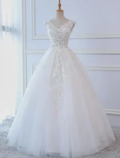 Robe de mariée princesse col V dos nu à laçage en dentelle jupe en tulle traîne rond Robe de mariée