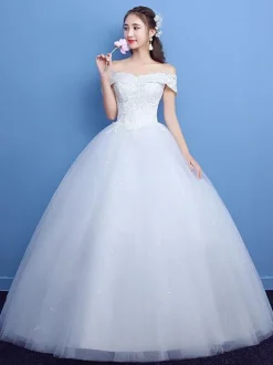 Robe de mariée princesse en tulle ivoire hors de l'épaule longueur au sol Robe de mariage