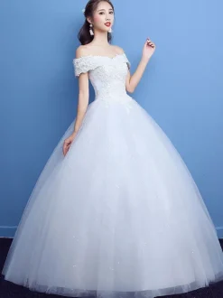 Robe de mariée princesse en tulle ivoire hors de l'épaule longueur au sol Robe de mariage