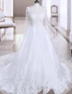 Robe de mariée rose col rond manche longue transparente à traîne robe de mariage Robe de mariée colorée