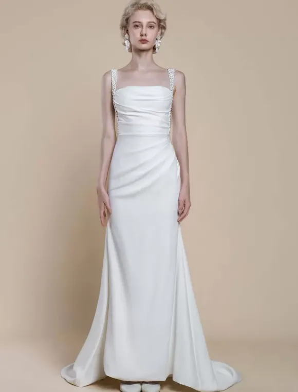 Robe de mariée simple à décolleté sans manches avec perles et sirène