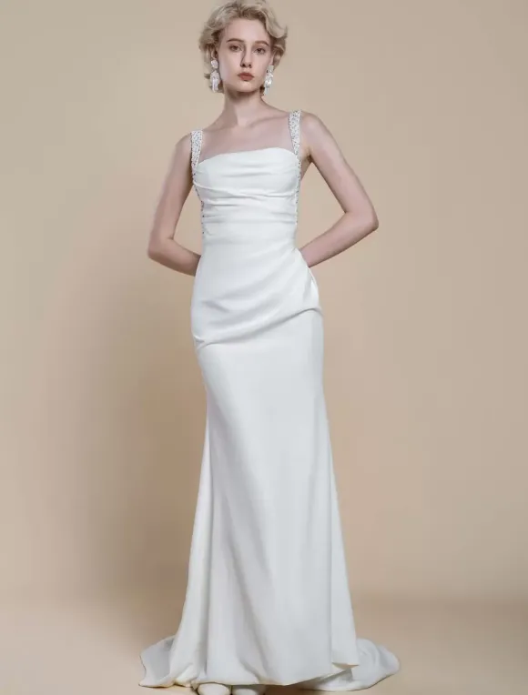 Robe de mariée simple à décolleté sans manches avec perles et sirène