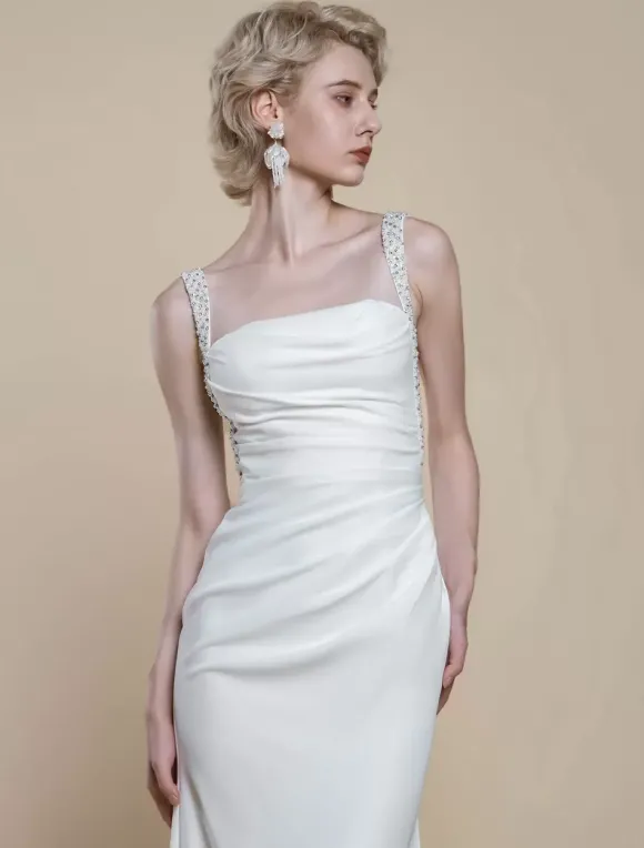 Robe de mariée simple à décolleté sans manches avec perles et sirène