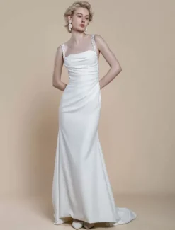 Robe de mariée simple à décolleté sans manches avec perles et sirène