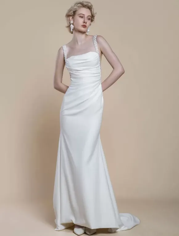 Robe de mariée simple à décolleté sans manches avec perles et sirène