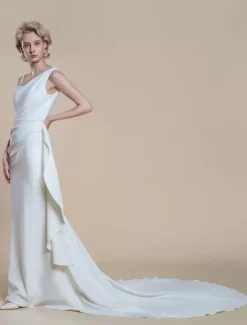 Robe de mariée simple à encolure sirène sans manches avec perles 60 cm