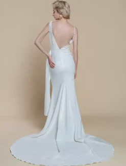 Robe de mariée simple à encolure sirène sans manches avec perles 60 cm