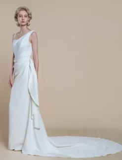 Robe de mariée simple à encolure sirène sans manches avec perles 60 cm