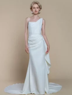 Robe de mariée simple à encolure sirène sans manches avec perles 60 cm