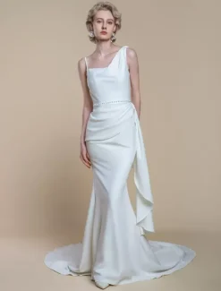 Robe de mariée simple à encolure sirène sans manches avec perles 60 cm